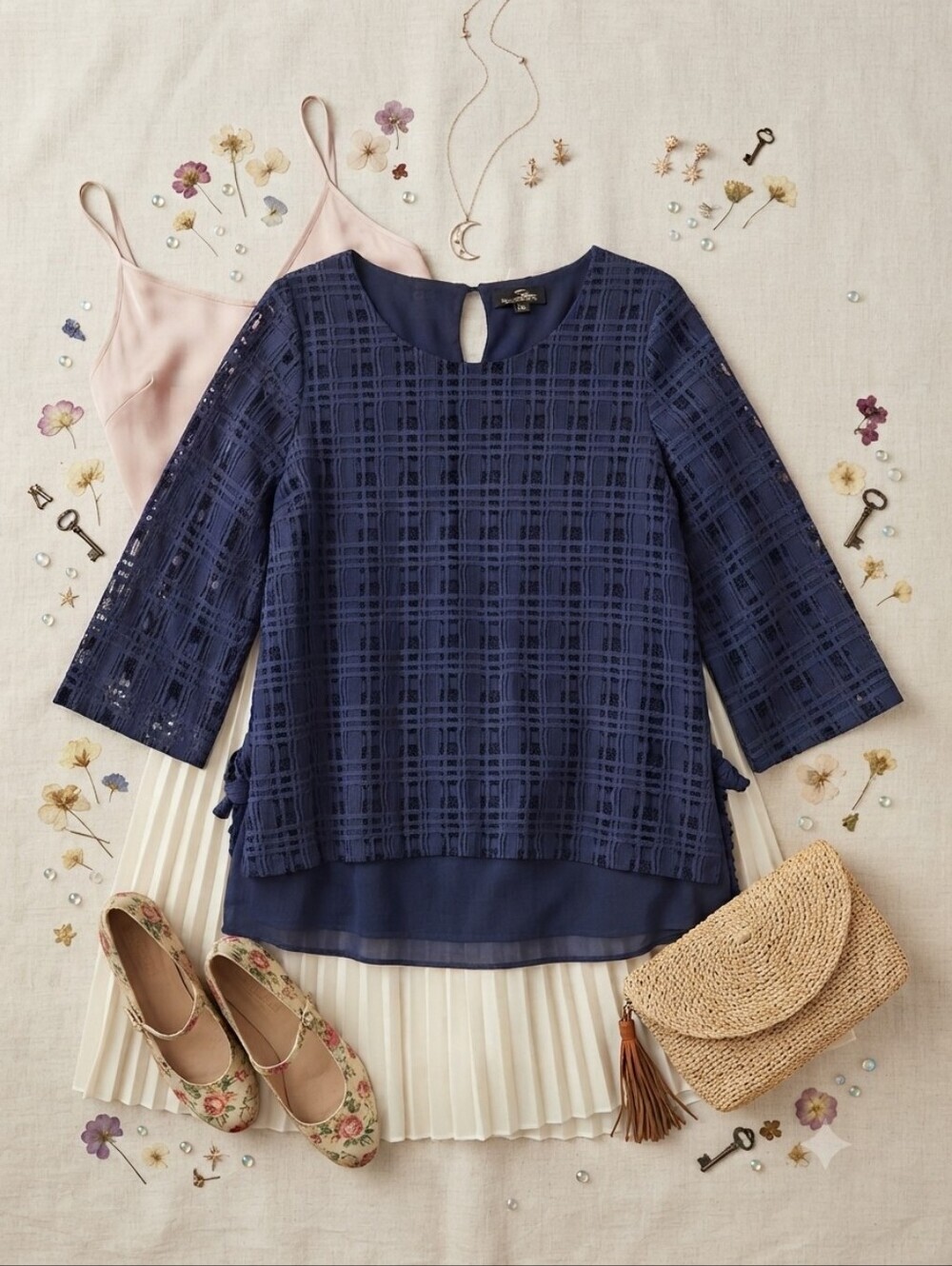 Suzanne Betro Navy Textured Plaid Wide Sleeve Tunic Blouse